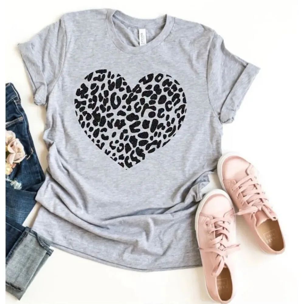 Gray Cheetah Heart Graphic Tshirt